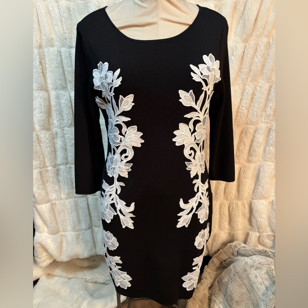 INC black and white floral appliquéd dress size medium